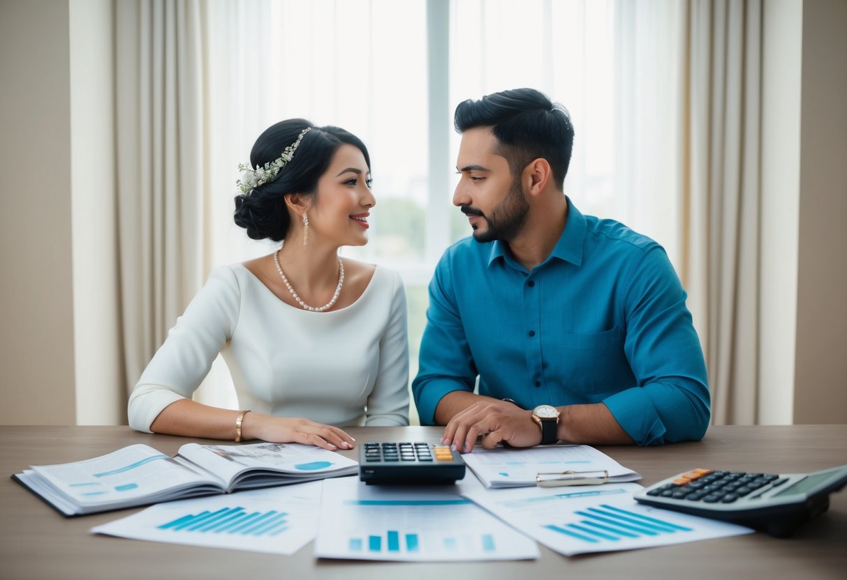 A couple sitting at a table with a calculator, wedding magazines, and financial documents spread out in front of them, discussing their borrowing needs for their upcoming wedding