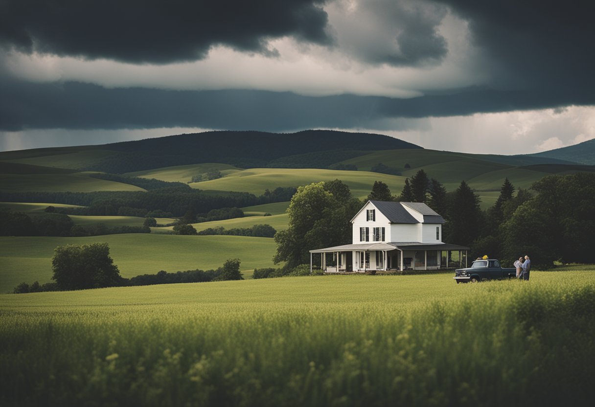 A rural landscape with storm clouds approaching, a farmhouse with boarded windows, and people securing loose items