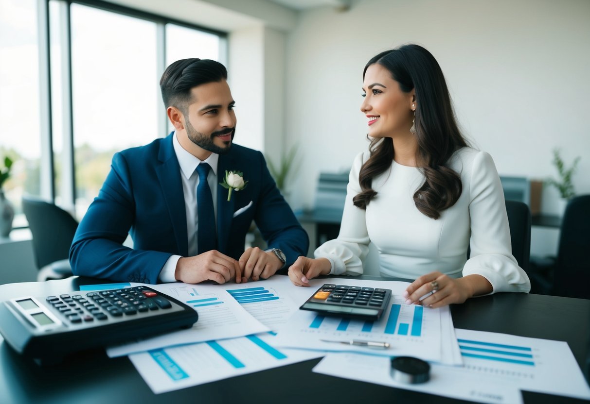 A couple sits at a desk, surrounded by financial documents and a calculator. They discuss wedding costs and loan options