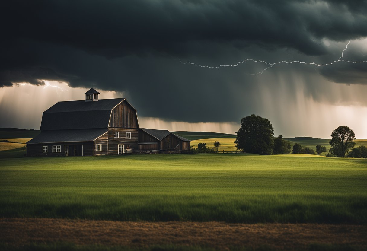 A stormy sky looms over a picturesque rural landscape. Dark clouds gather above rolling hills, while a farmhouse and barn stand in the distance. Lightning flashes in the sky