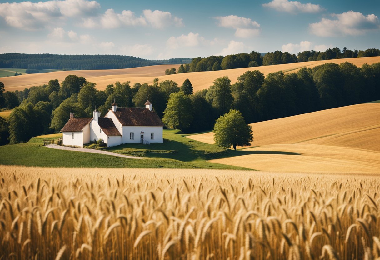 Rolling hills with golden wheat fields under a clear blue sky. A small farmhouse sits nestled among the trees, surrounded by peaceful countryside