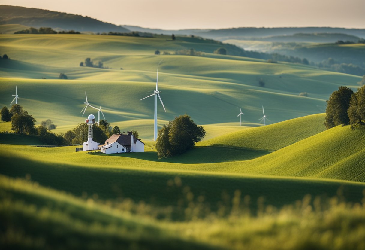 A quaint rural landscape with rolling hills, a small weather station, and a clear blue sky