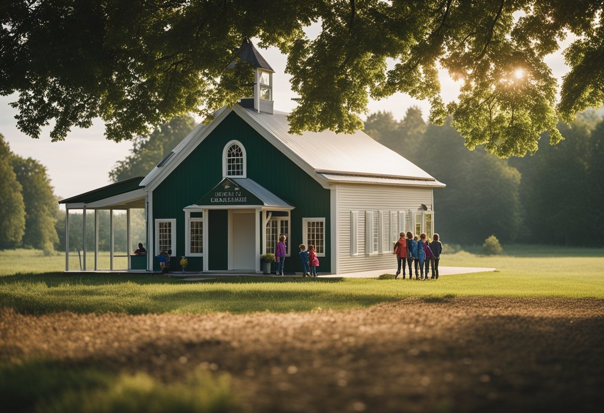 A rural schoolhouse with children and teachers learning about weather, surrounded by fields and trees