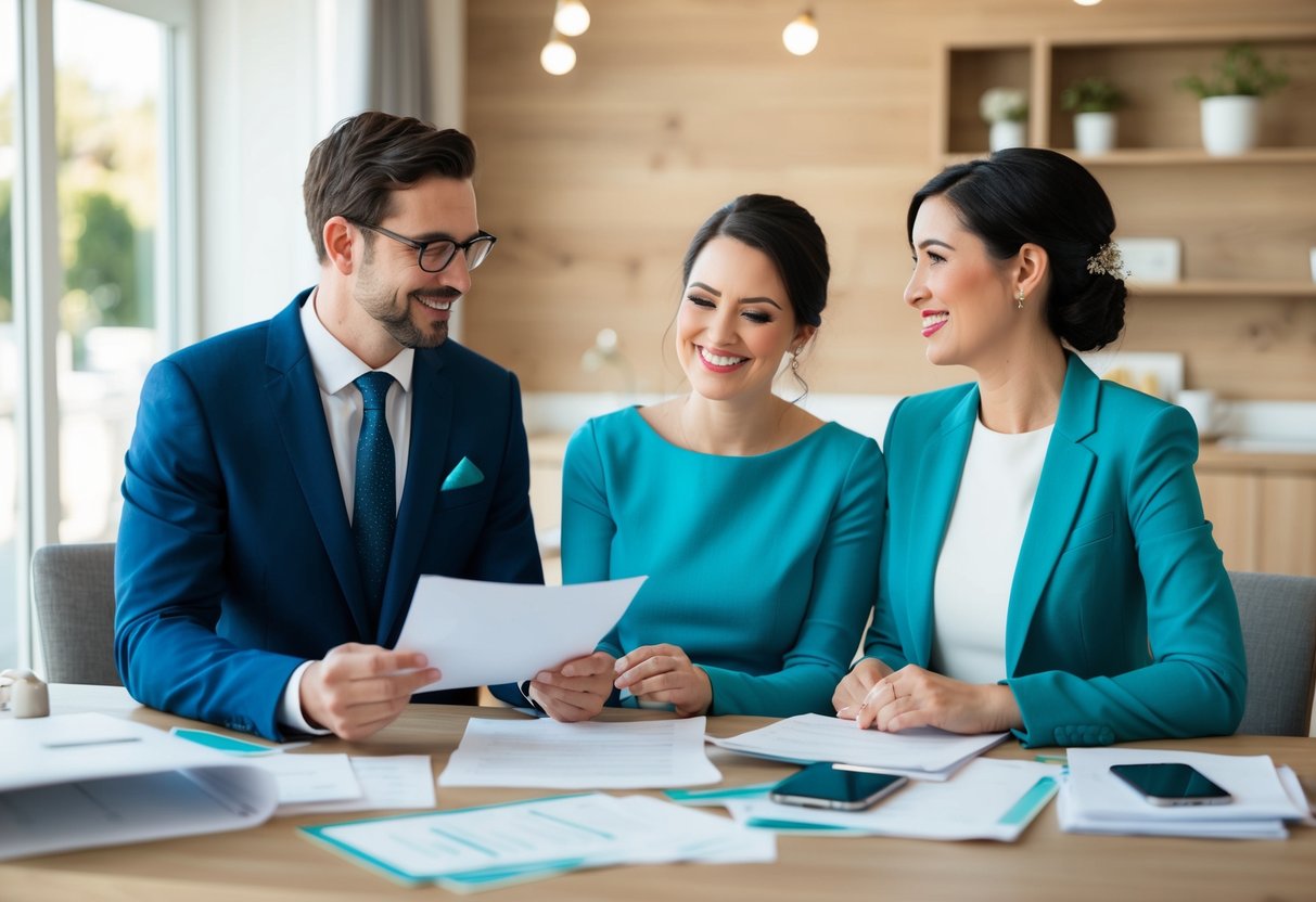 A couple sits at a table, surrounded by wedding planning materials. A bank representative presents paperwork for a wedding loan