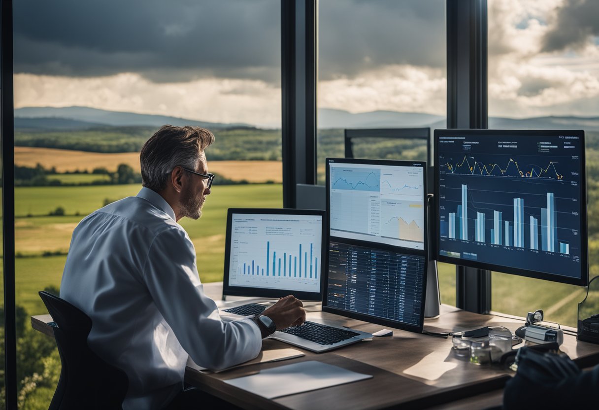 A scientist studies weather data on a computer, surrounded by charts and graphs. Outside the window, a rural landscape with rolling hills and a stormy sky