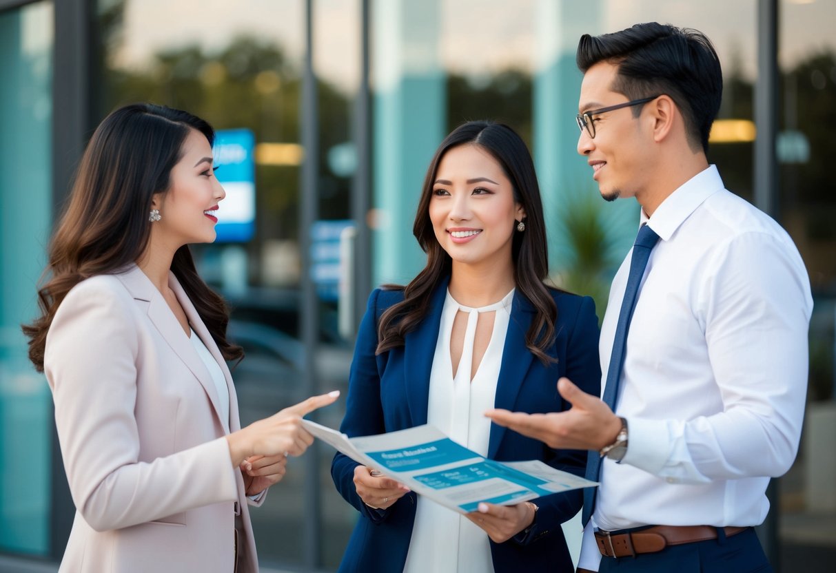 A couple stands in front of a bank, discussing wedding loan options with a financial advisor. The advisor gestures towards a brochure with different loan plans