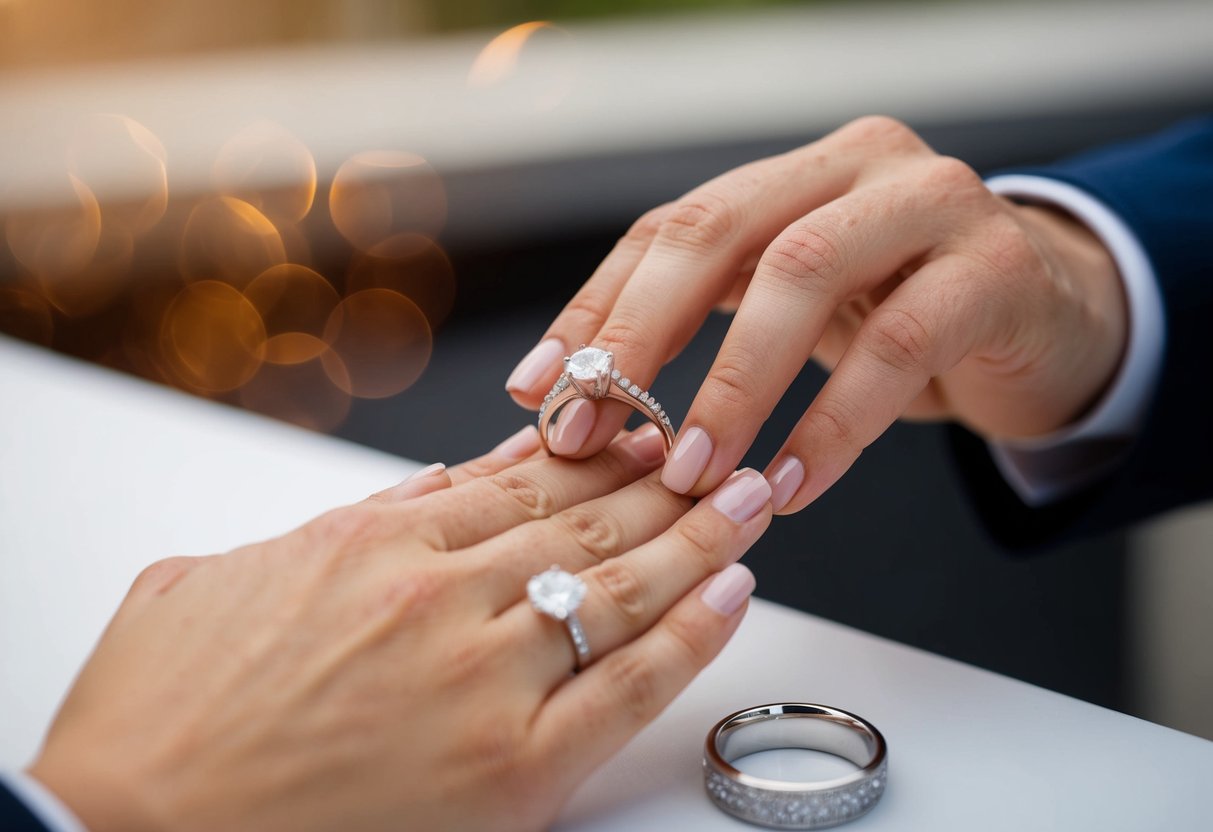 A hand placing an engagement ring on a ring holder next to a wedding band