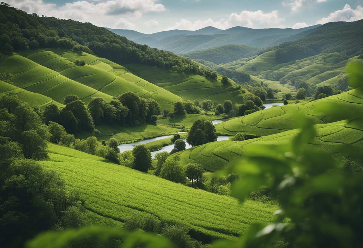 A lush green landscape with rolling hills, a winding river, and diverse wildlife. A group of people planting trees and cleaning up litter