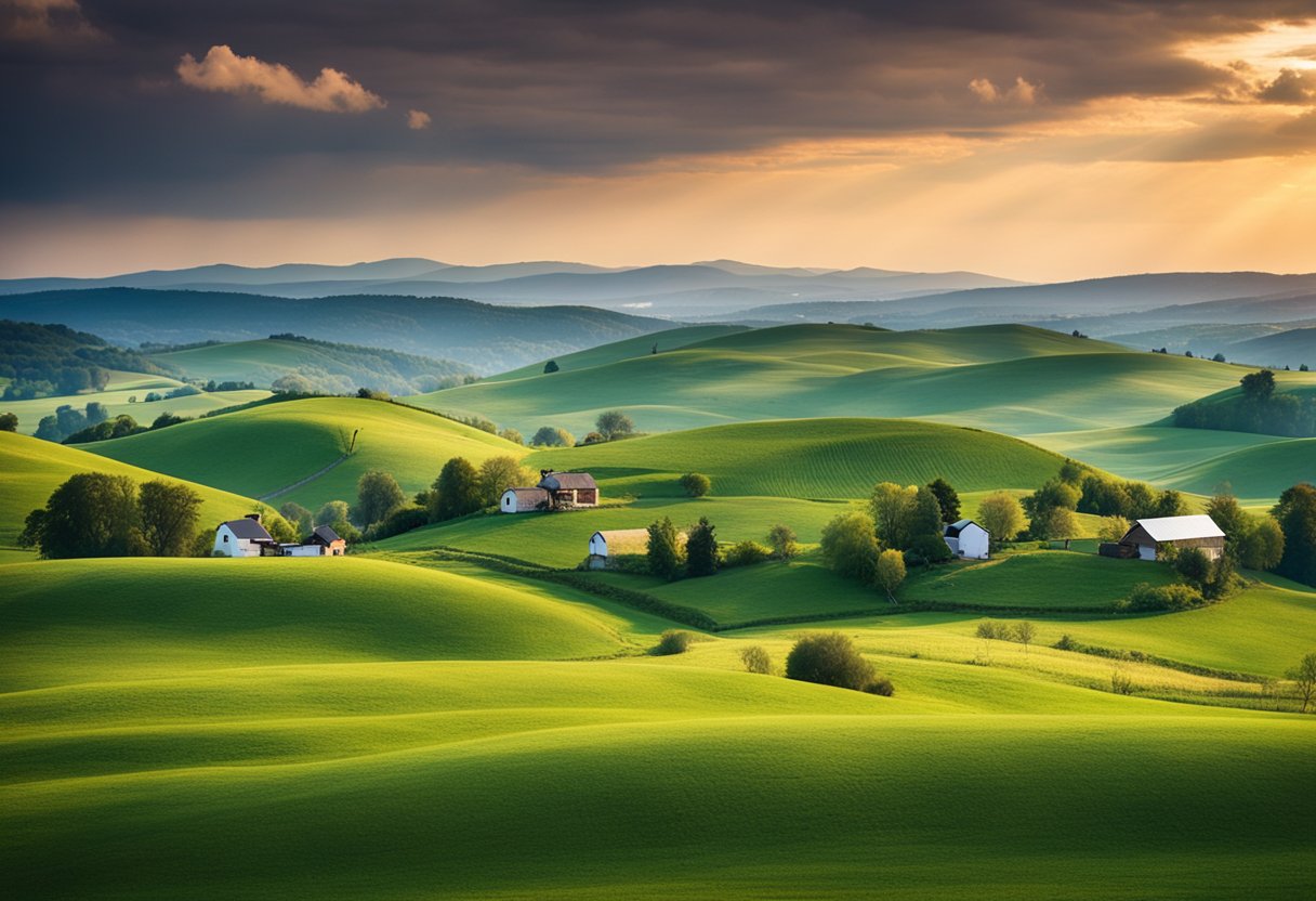 A serene rural landscape with a colorful sky, rolling hills, and a small weather station nestled among the fields