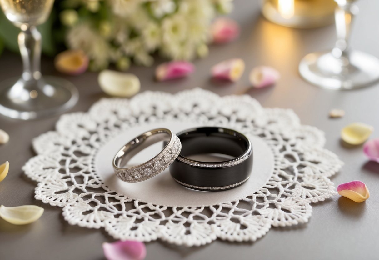 Two wedding bands on a delicate lace doily, surrounded by scattered flower petals and a pair of elegant champagne glasses