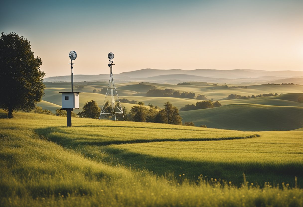 A rural landscape with a quaint weather station, surrounded by rolling hills and a clear sky