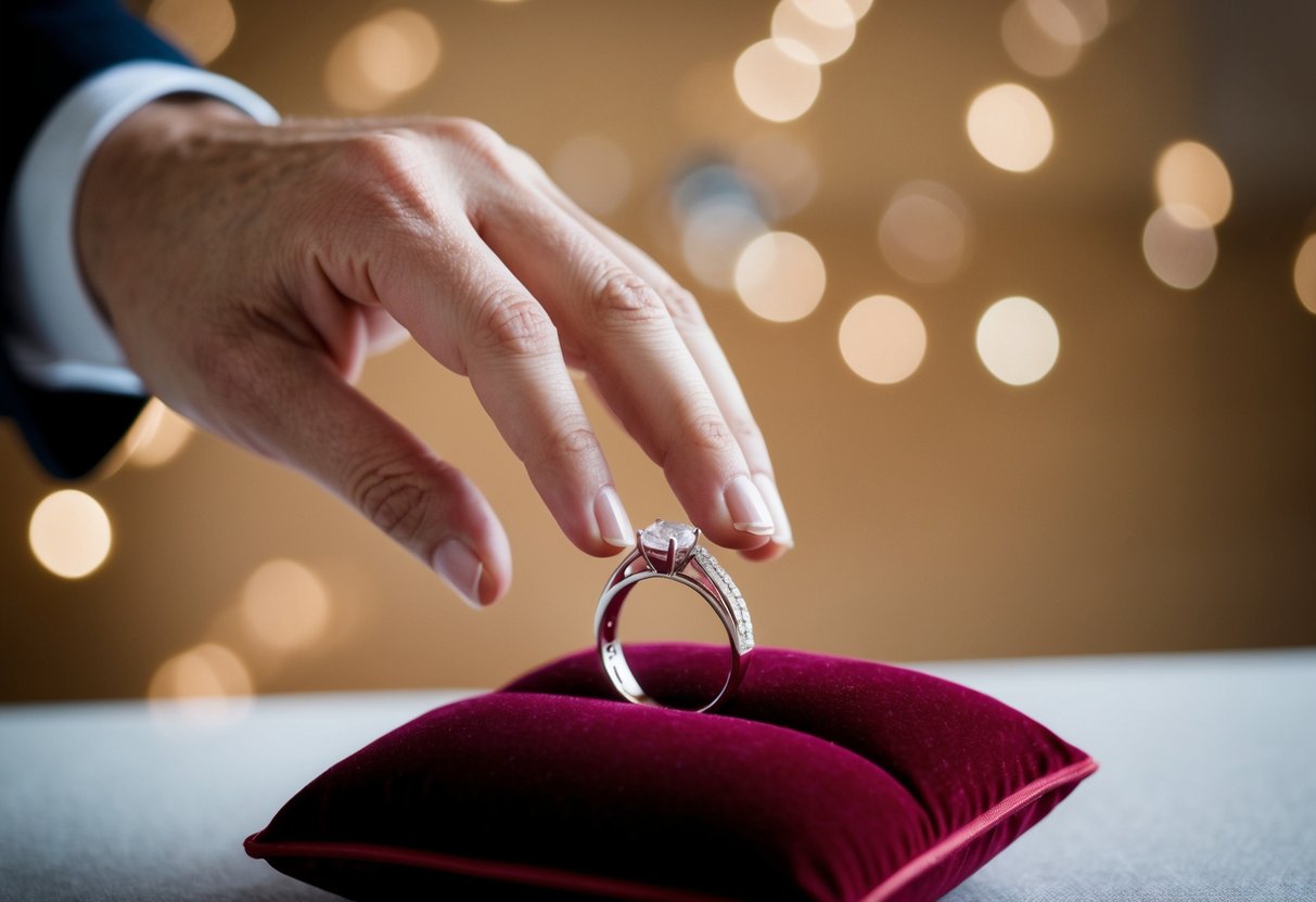 A hand reaching for a wedding band on a velvet cushion