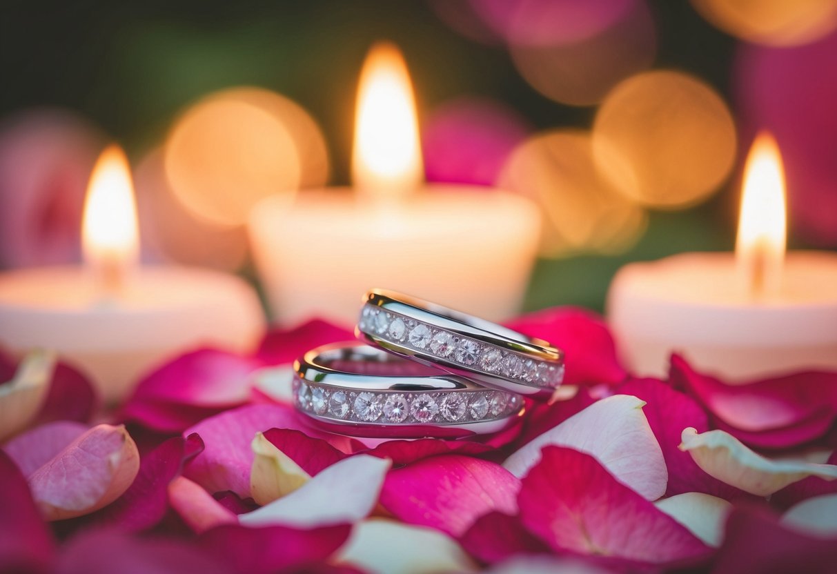 A wedding band resting on a bed of rose petals, illuminated by soft candlelight