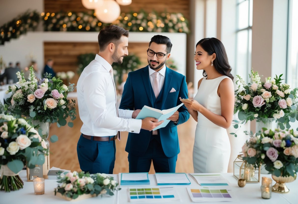 A couple stands in front of a wedding planner, surrounded by floral arrangements and decor samples, discussing budget and expenses