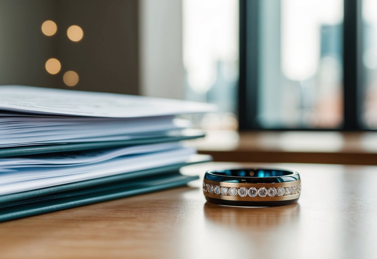 A wedding band placed on a table next to a stack of legal and social documents