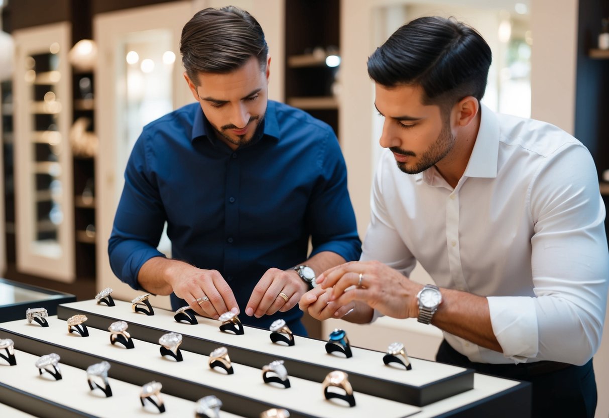 A man carefully examines a display of engagement rings, each with its own unique design and customization options. The jeweler patiently assists him in finding the perfect ring