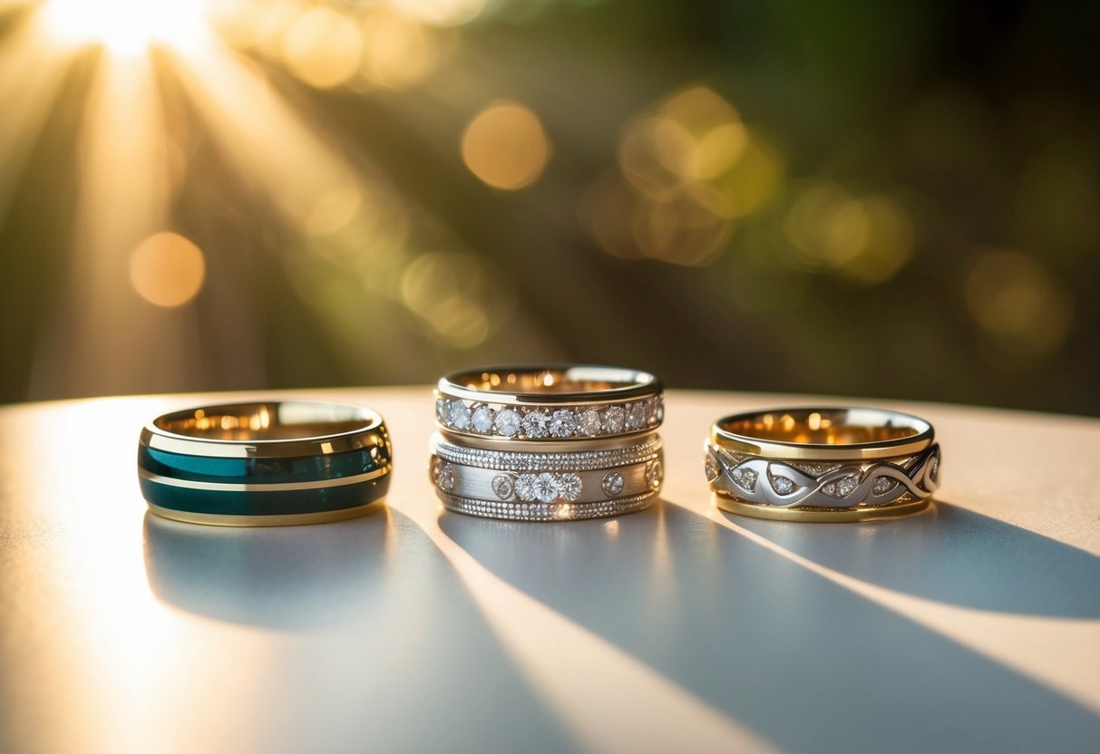 A table with three wedding bands arranged in a row, each with a unique design and style, sitting under a warm ray of sunlight