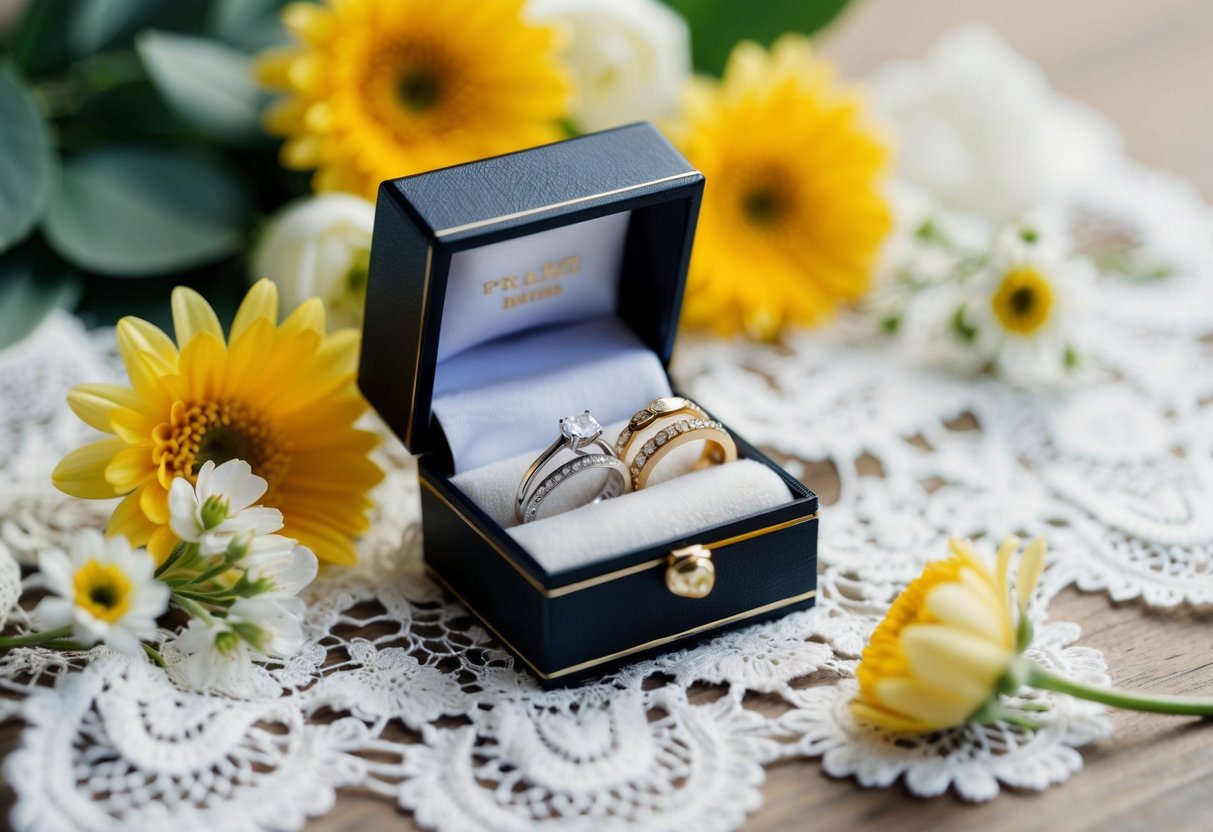 A small jewelry box with three wedding bands nestled inside, surrounded by delicate lace and fresh flowers