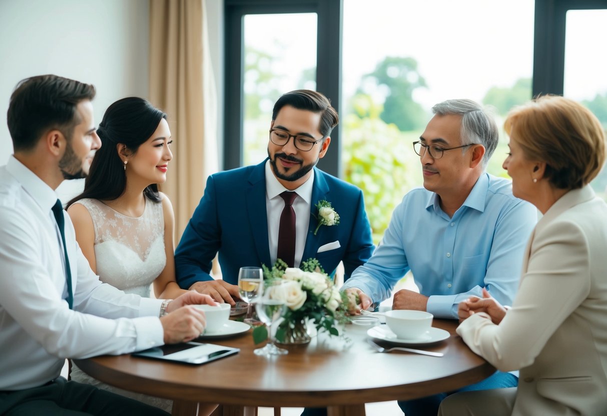 A couple discussing wedding finances with their parents at a dining table