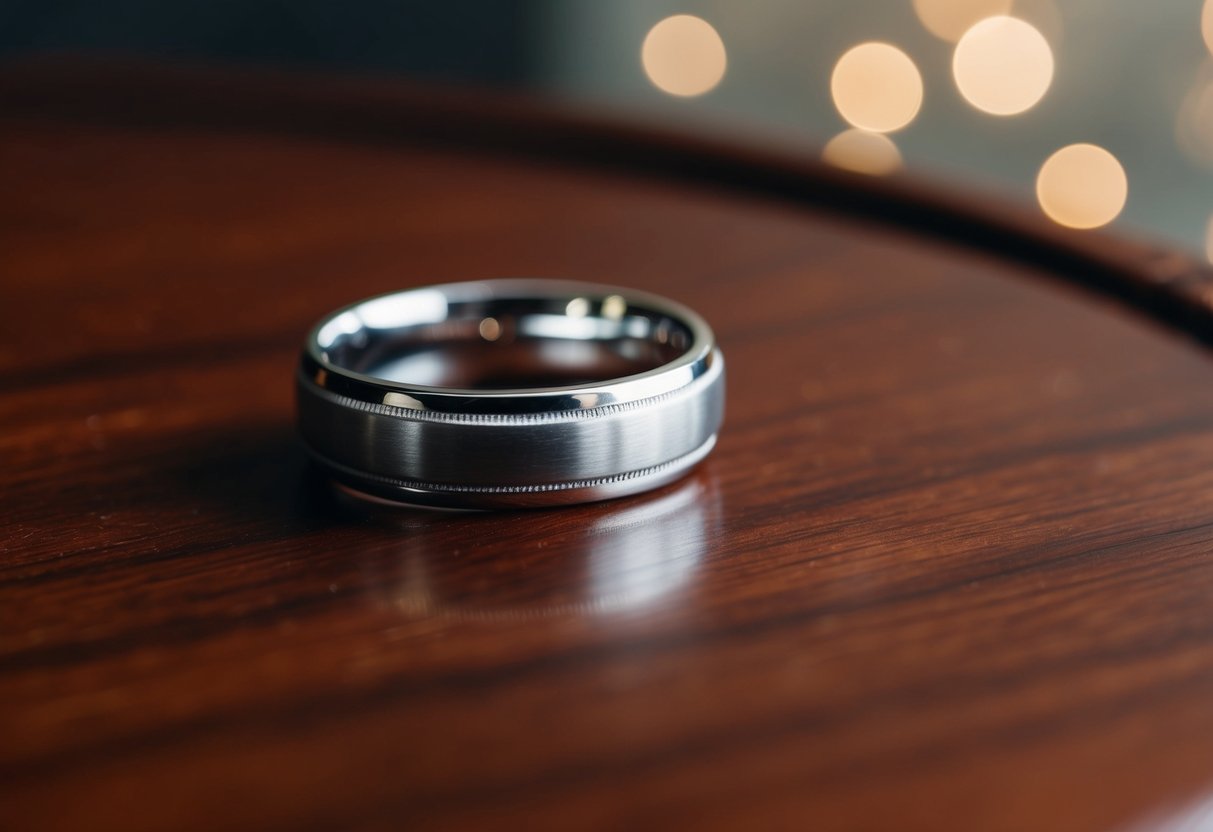 A silver wedding ring resting on a polished wooden surface