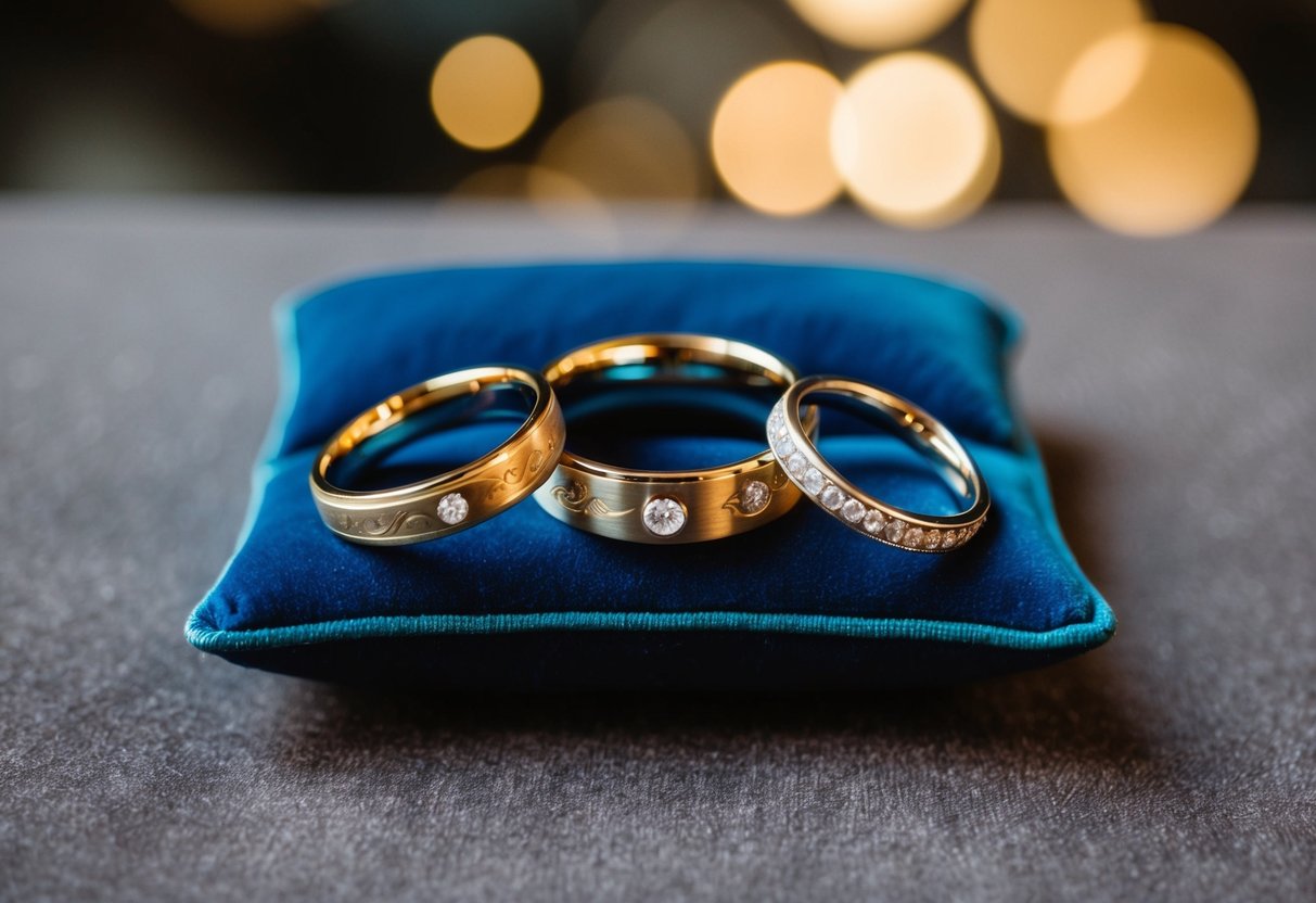 Three wedding bands arranged on a velvet cushion, each with unique engravings and gemstones, reflecting the couple's individuality and commitment to each other