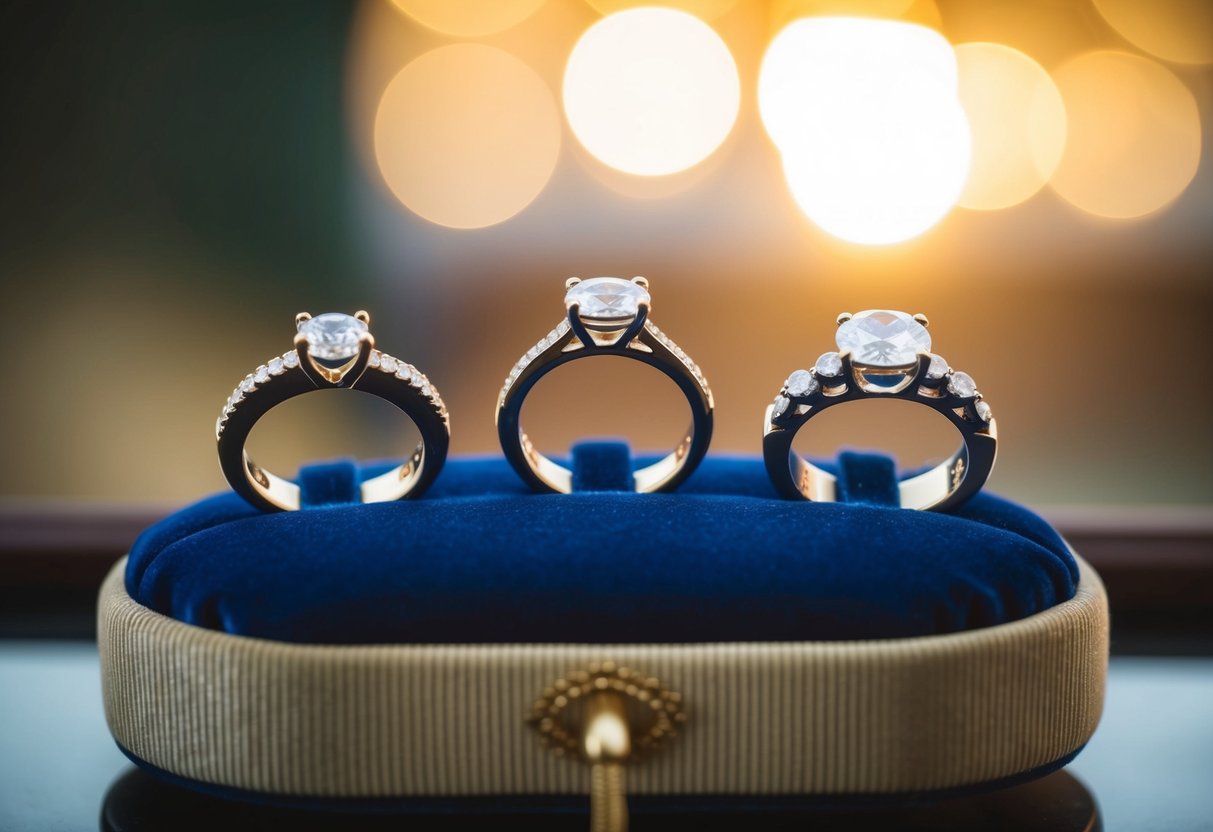 Three wedding bands displayed on a velvet cushion, each with unique designs and gemstones, sparkling under soft lighting
