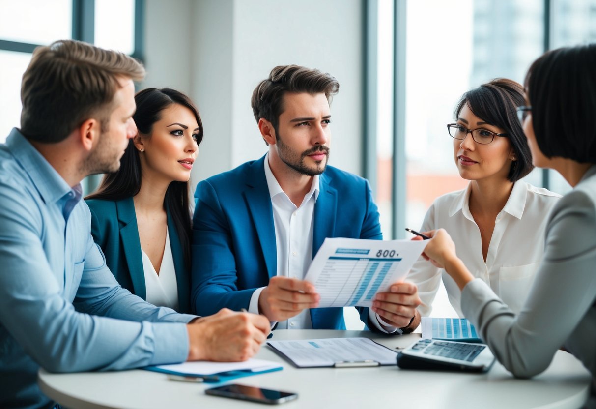 A young couple sitting at a table, discussing wedding expenses with their parents. They are holding a budgeting spreadsheet and having a serious conversation