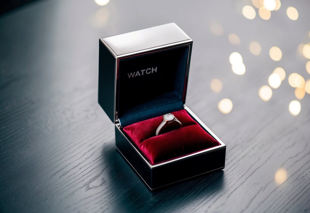 A sleek, modern watch box with a single wedding ring nestled on a velvet cushion