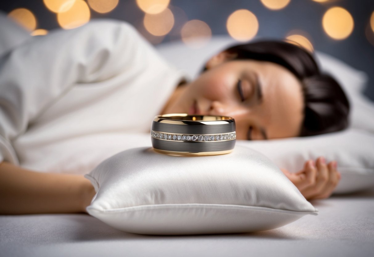 A wedding band resting on a soft, white pillow beside a peacefully sleeping figure
