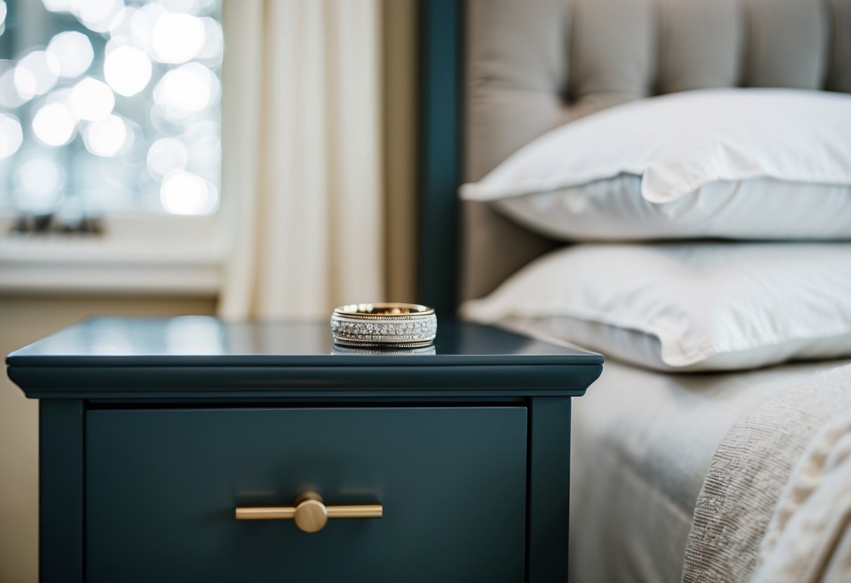 A wedding band sits on a nightstand next to a bed, with a soft pillow and cozy blankets in the background