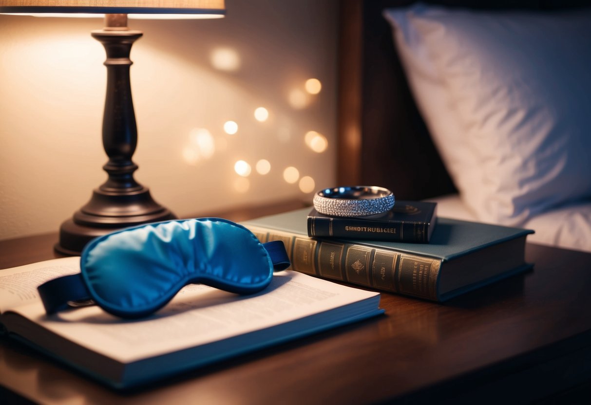 A wedding band resting on a bedside table next to a sleeping mask and a book, illuminated by the soft glow of a bedside lamp