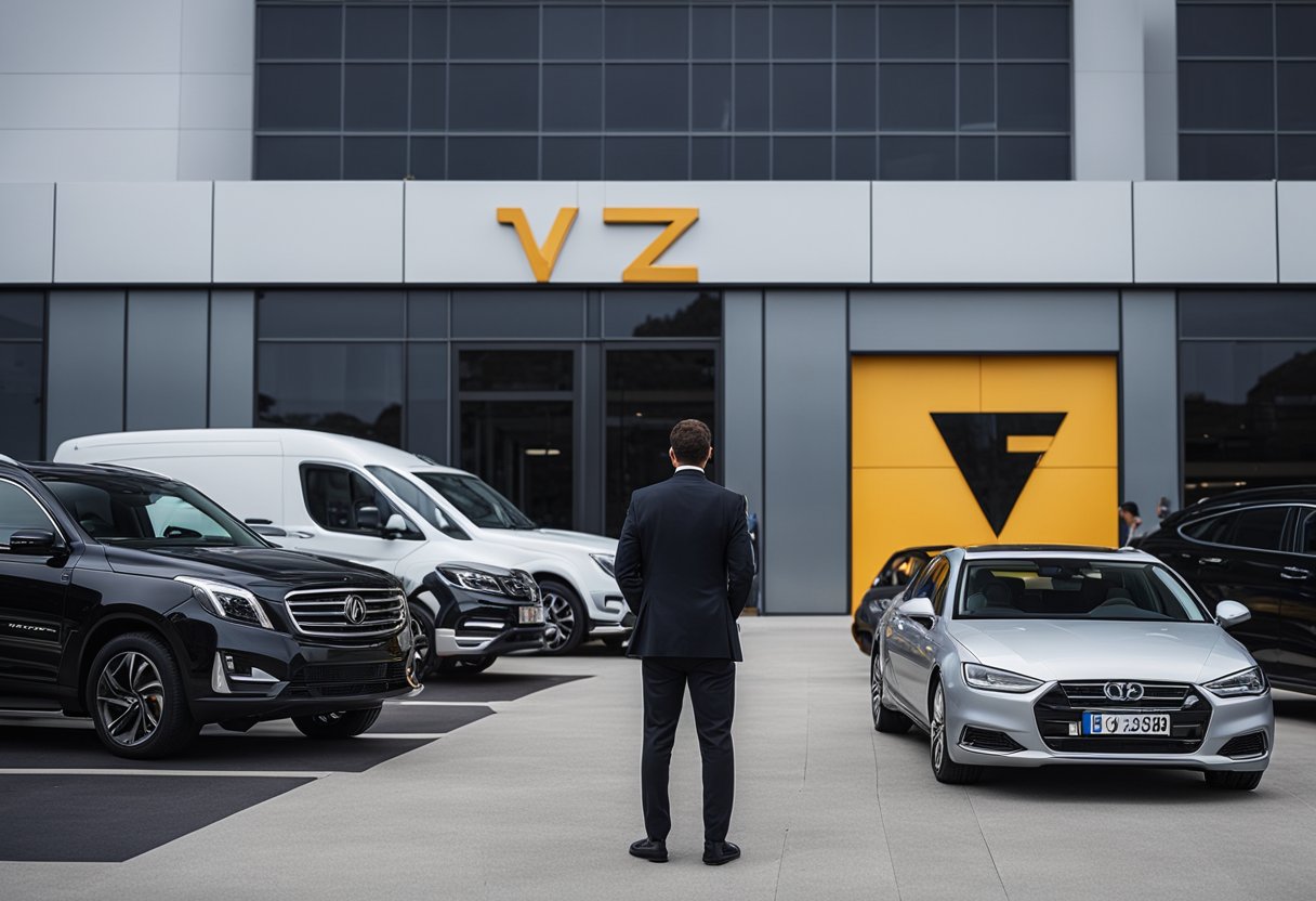 A row of vehicles lined up outside a modern building with a prominent VTNZ logo. A technician is inspecting a car in the foreground