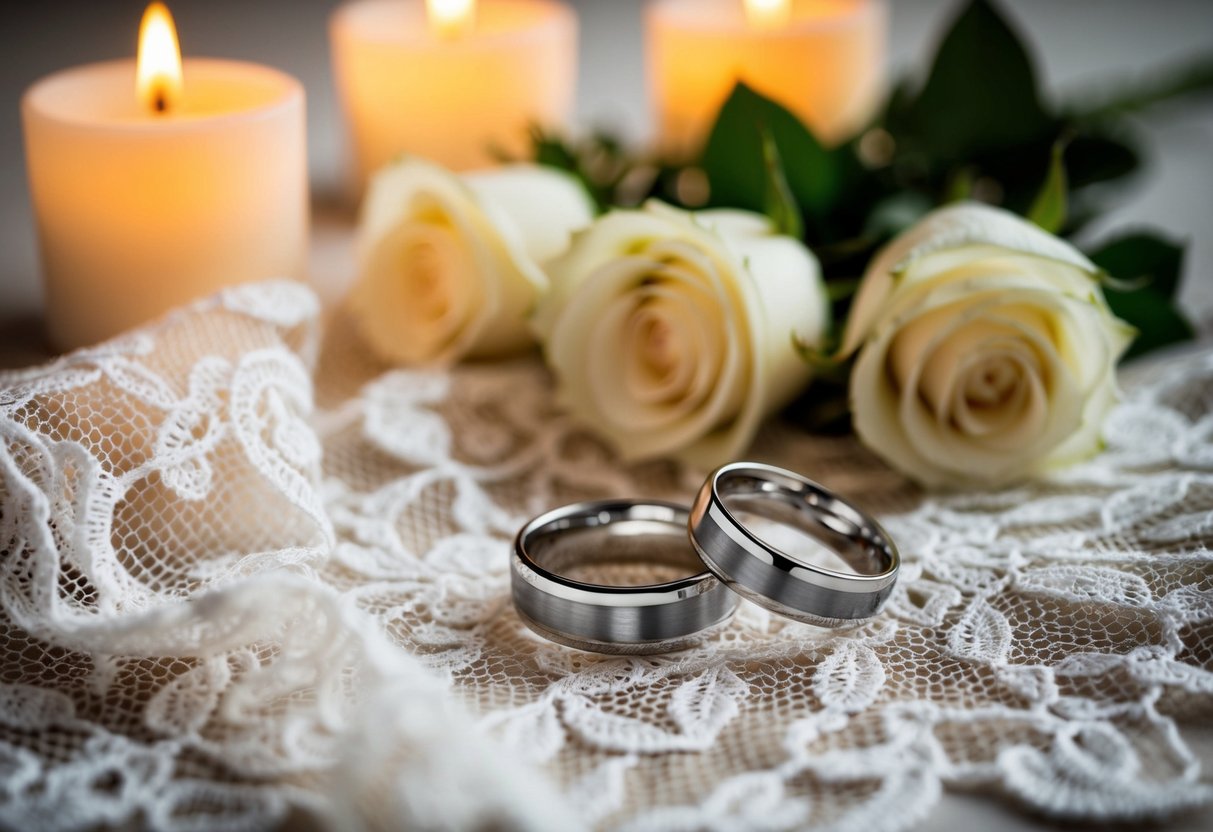 Two wedding bands resting on a delicate lace fabric, surrounded by soft candlelight and a bouquet of white roses