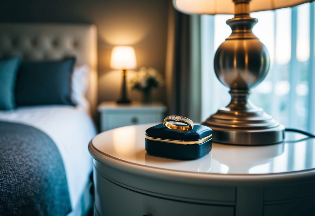A bedside table with a wedding band resting on top, surrounded by a soft glow from a nearby lamp, with a cozy bed in the background