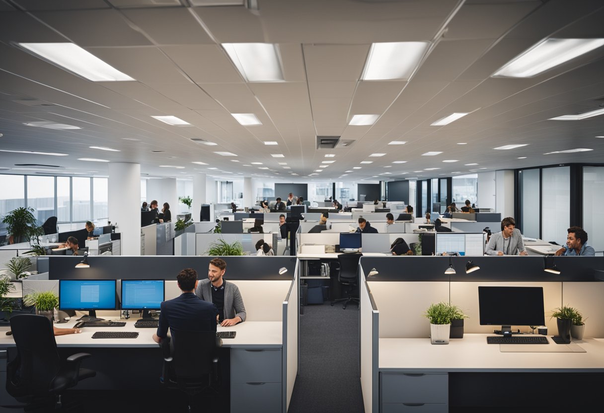 A busy vtnz co nz office with customers waiting in line and employees assisting at desks