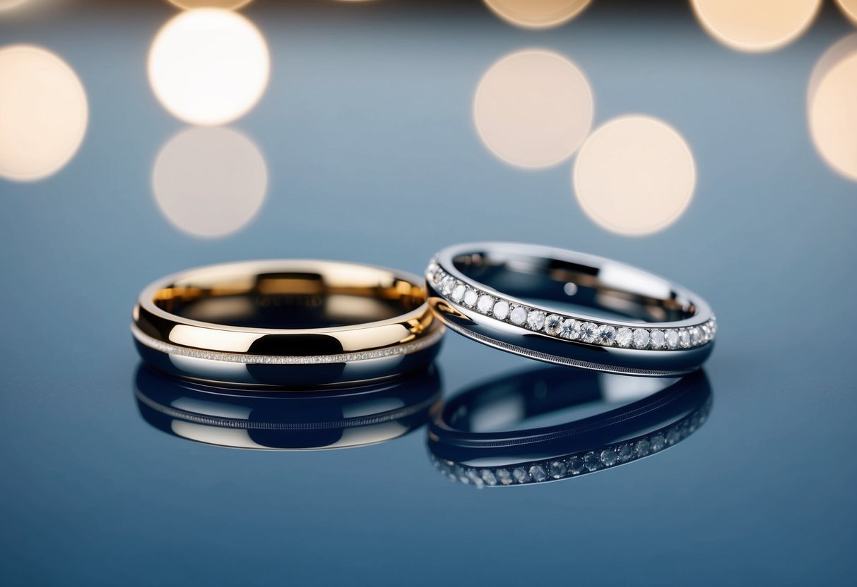 A close-up of two matching wedding bands placed side by side on a smooth, reflective surface