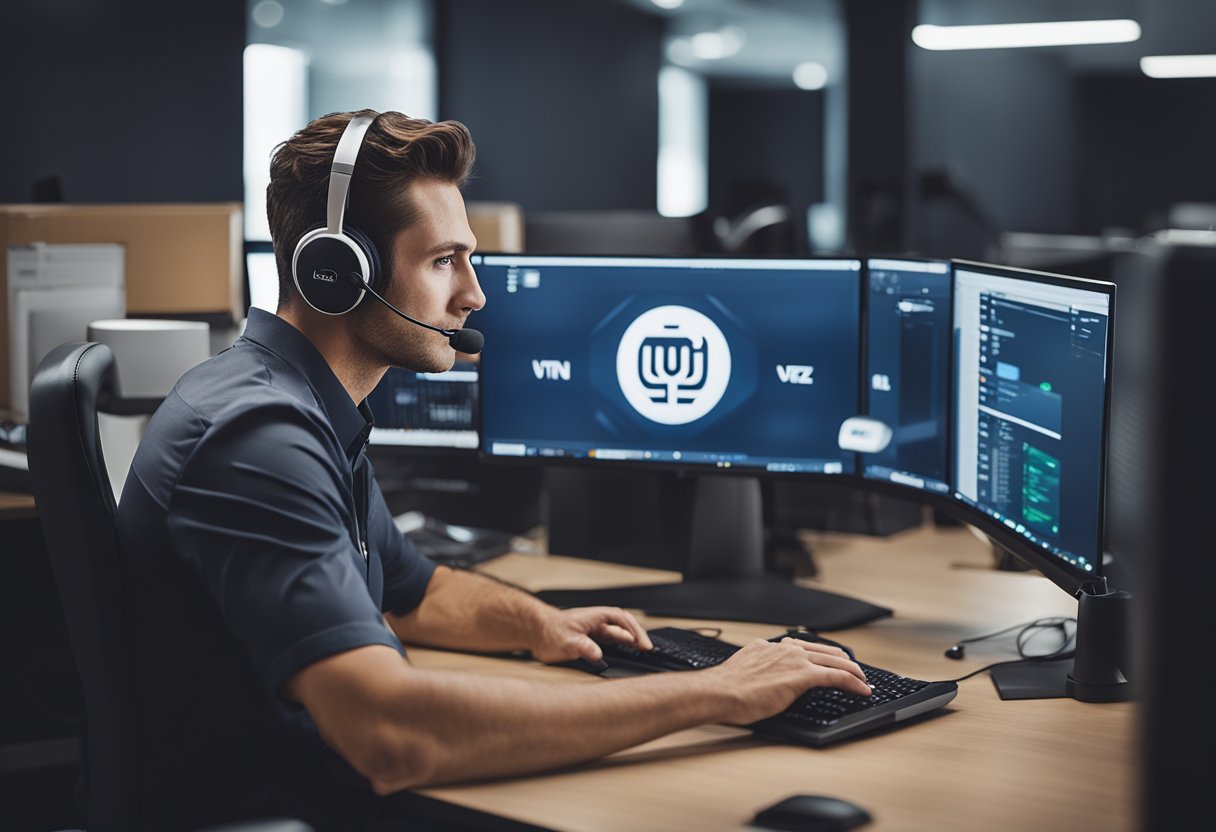 A customer support representative at a desk with a computer and headset, surrounded by office supplies and a VTNZ logo