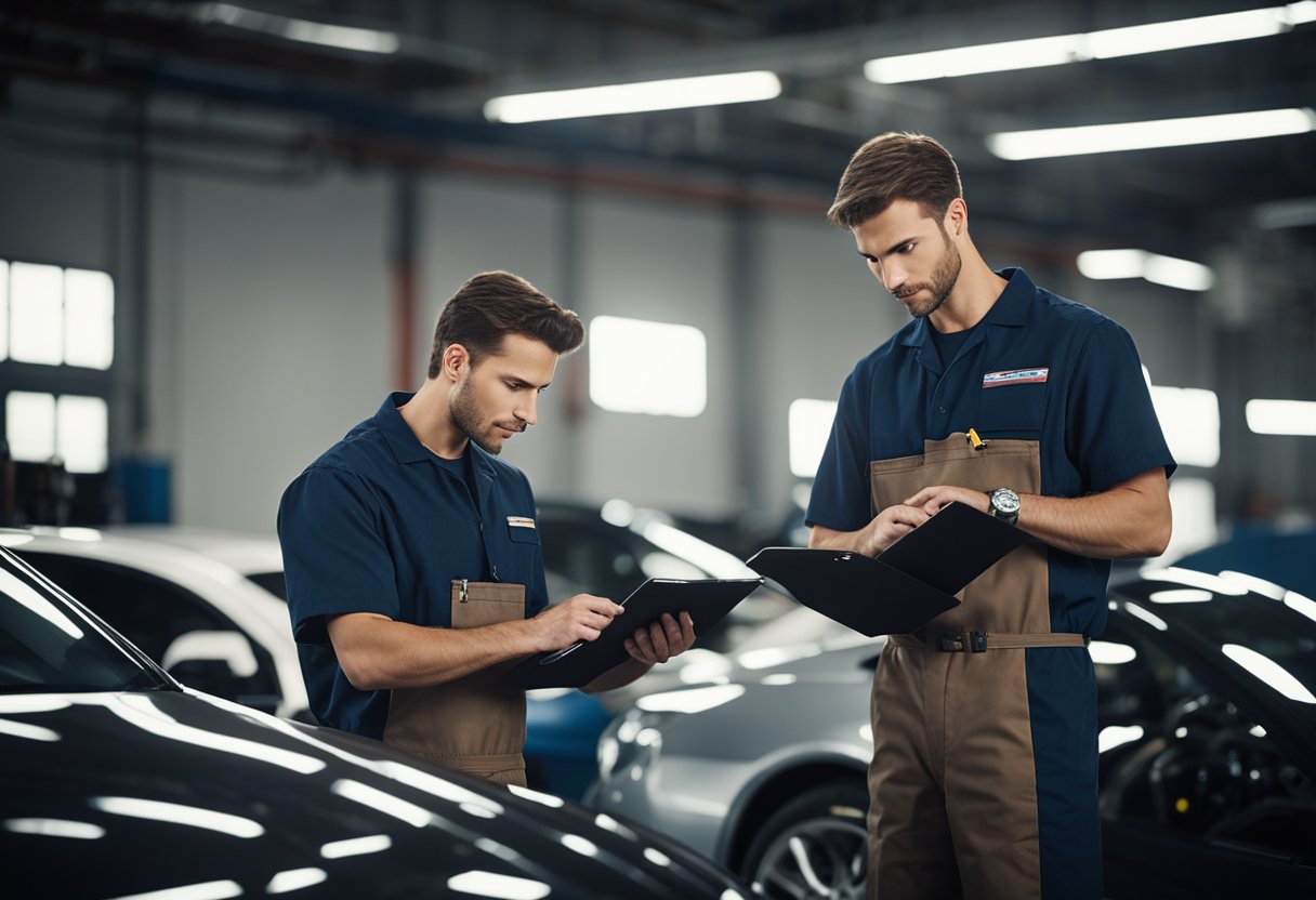 A mechanic holding a clipboard inspects a car while another mechanic works under the hood. A sign with the company logo is displayed prominently