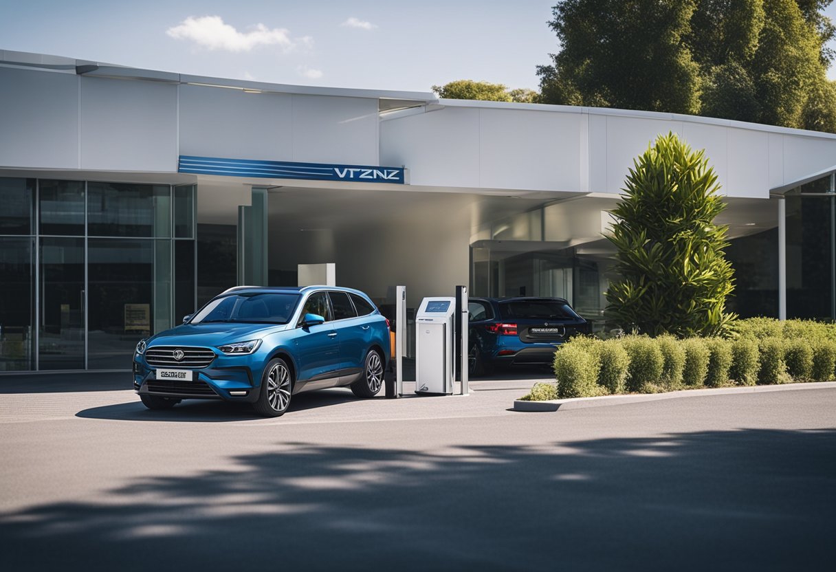 A car parked outside a VTNZ testing station, with a technician inspecting the vehicle's compliance