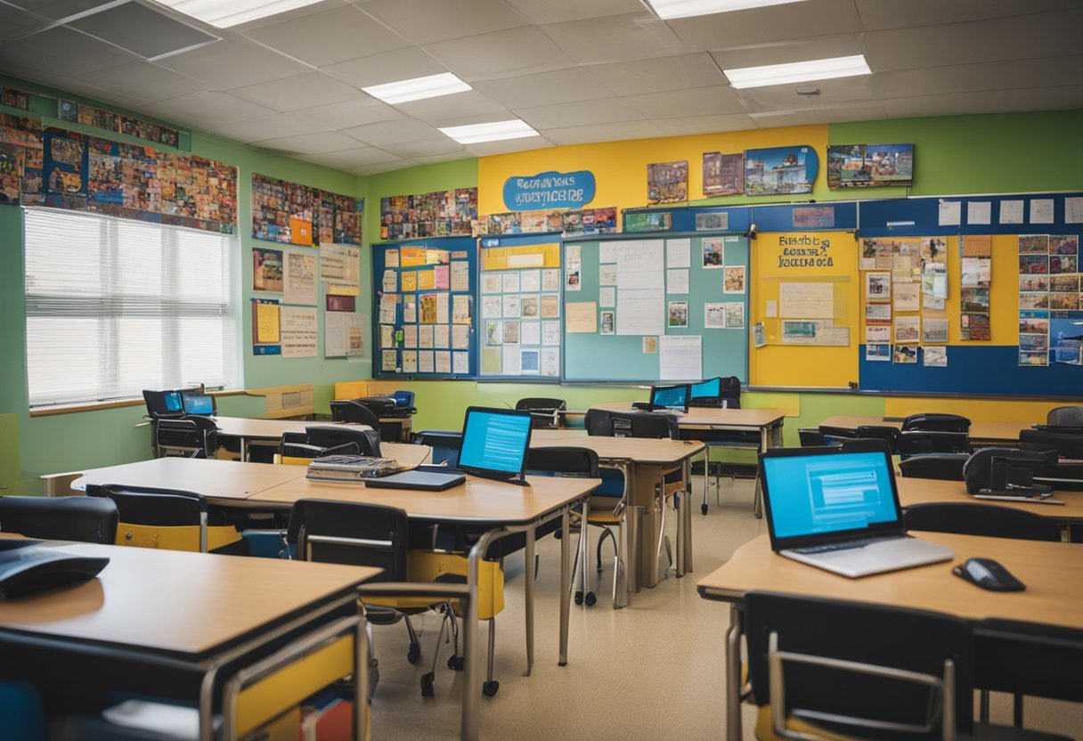 A colorful classroom with books, computers, and educational posters. A teacher's desk and student desks are arranged neatly