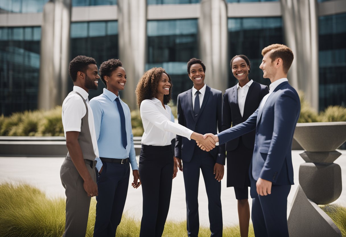 A group of diverse individuals shaking hands in front of a large corporate building with the VTNZ logo displayed prominently