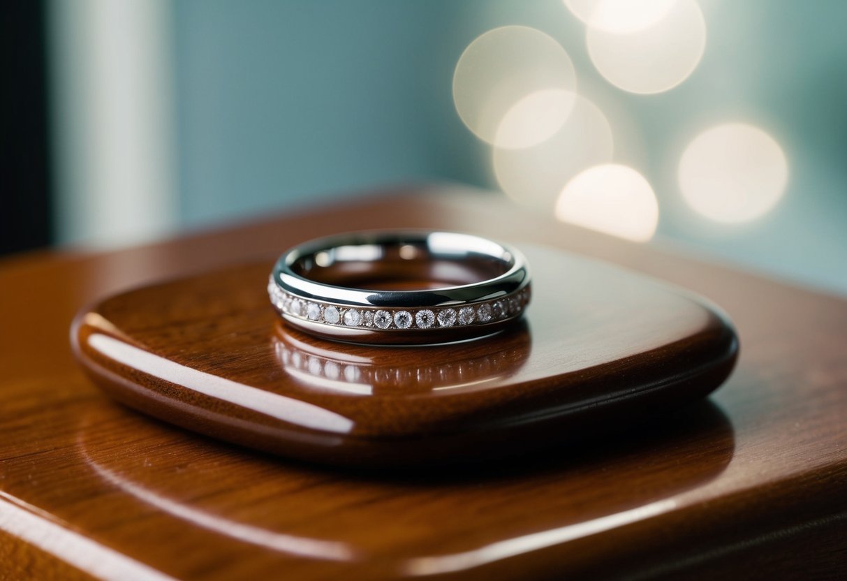 A wedding band sits alone on a polished wooden surface, catching the light and casting a soft glimmer in the air
