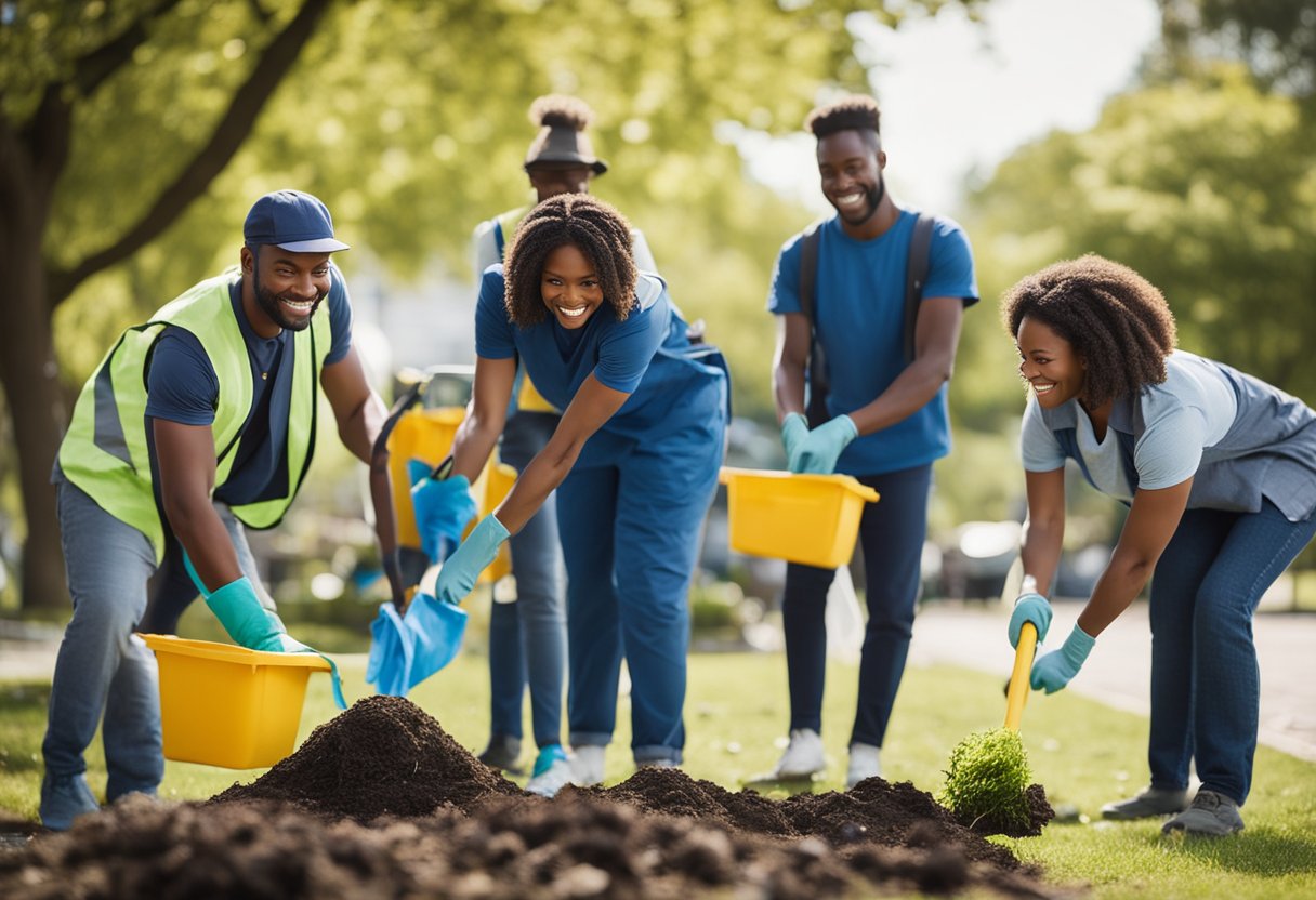 A diverse group of people working together to clean up a local park and plant trees, with recycling bins and solar panels in the background