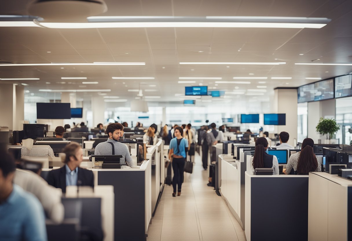 A busy customer service desk with people waiting in line