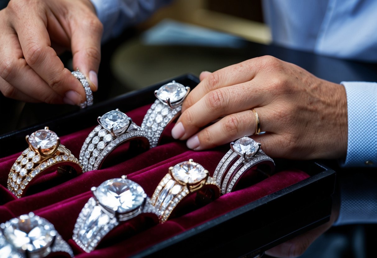 A jeweler carefully examines a selection of sparkling diamond rings displayed on a velvet-lined tray, each one more opulent than the last