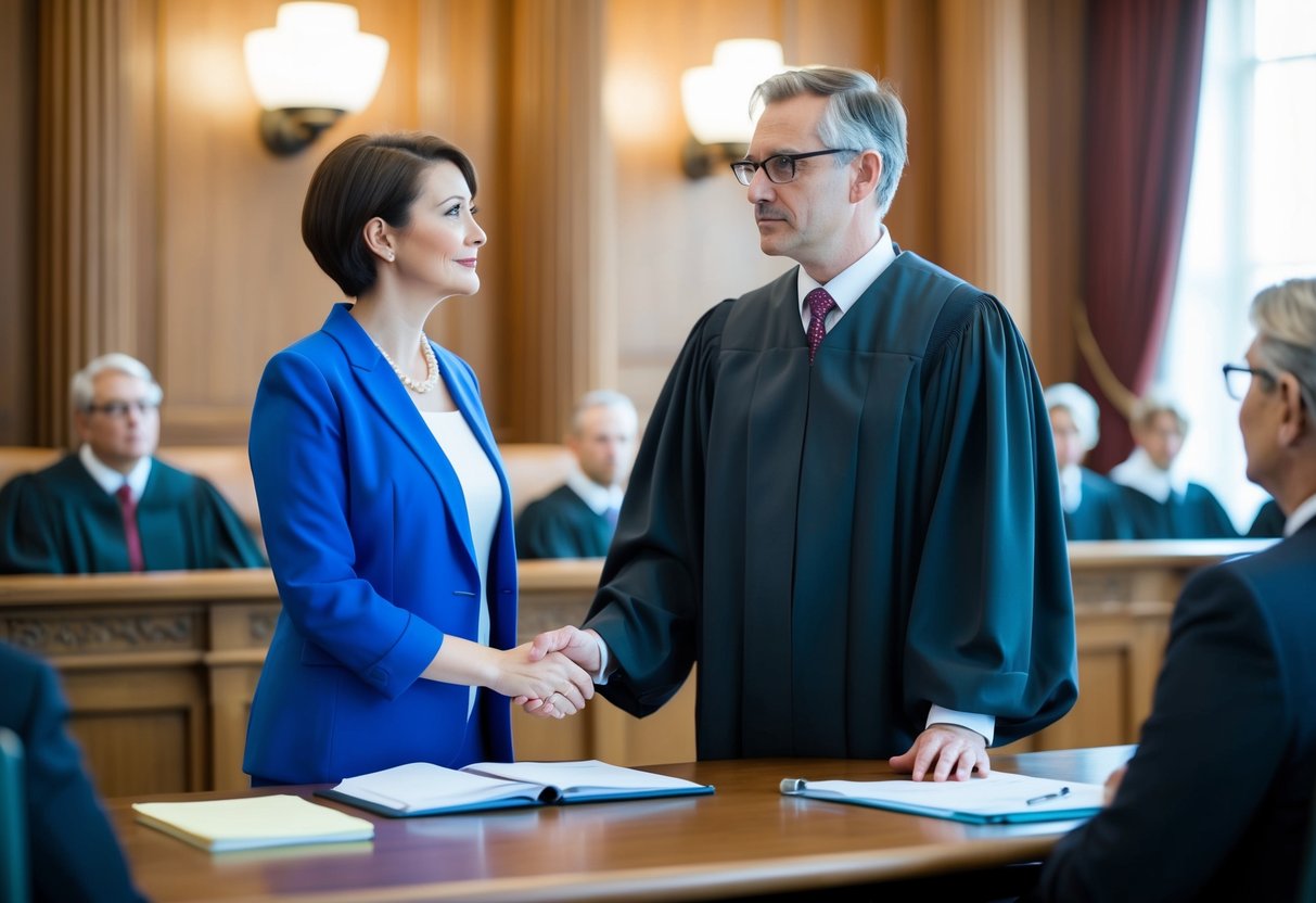 A couple stands before a judge in a courtroom, discussing the possibility of a second marriage without divorce in the UK