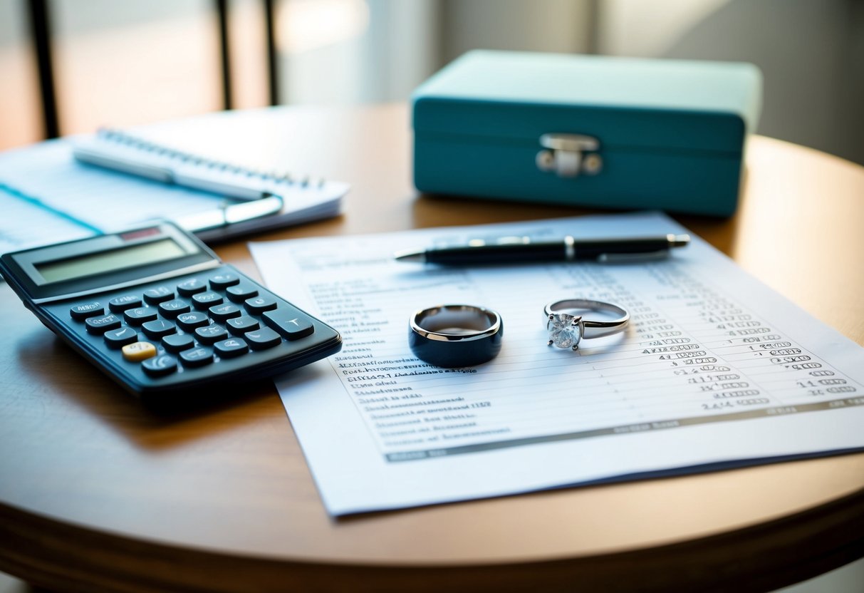 A table with a budget spreadsheet, a calculator, and two wedding rings on a velvet box