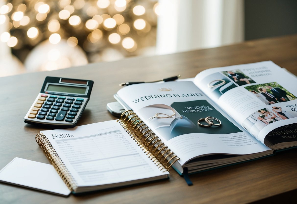 A table with a wedding planner notebook, calculator, and various wedding magazines open to pages about wedding rings and budgeting