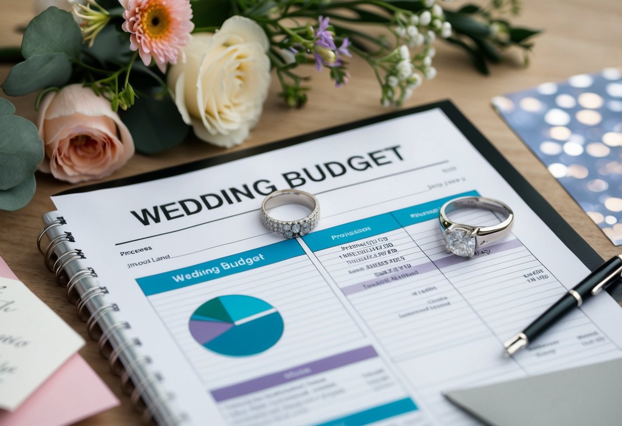 A wedding budget with a section dedicated to wedding rings, surrounded by various wedding planning items such as flowers, invitations, and a cake