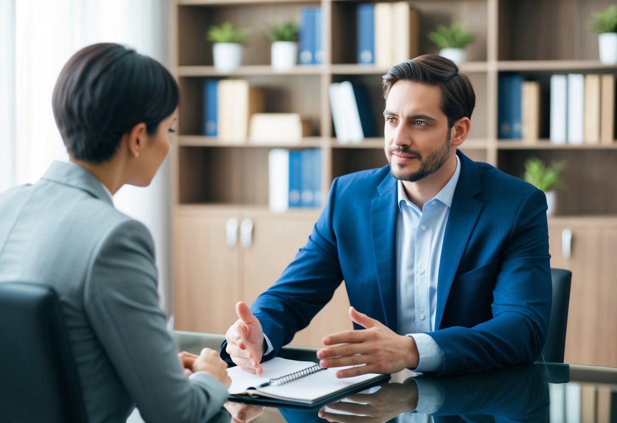 A couple sitting in front of a lawyer, discussing separation options and pre-divorce processes